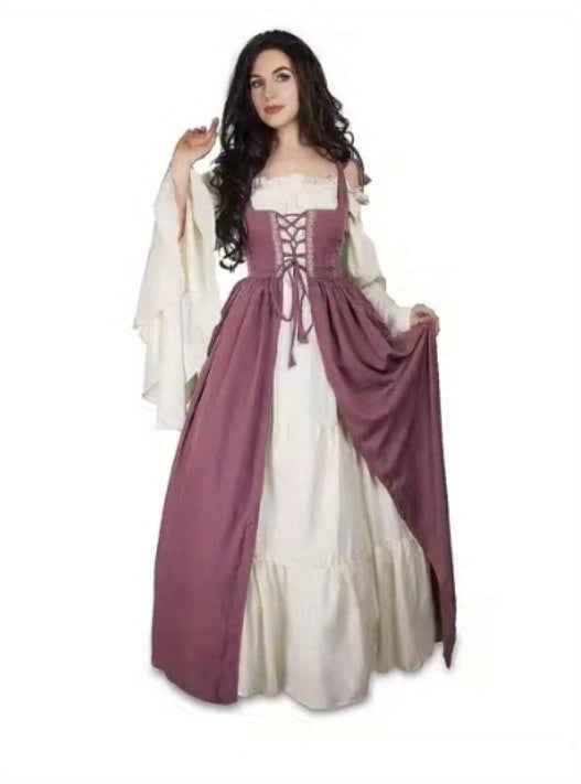 [Elegant Medieval Costume] Elegant Women's Medieval Two-Piece Costume - Renaissance Drama Outfit with Corset-like Bodice & Long Flowing Skirt | Halloween, Renaissance Faire, Themed Parties | Burgundy/White, Black/White, Green