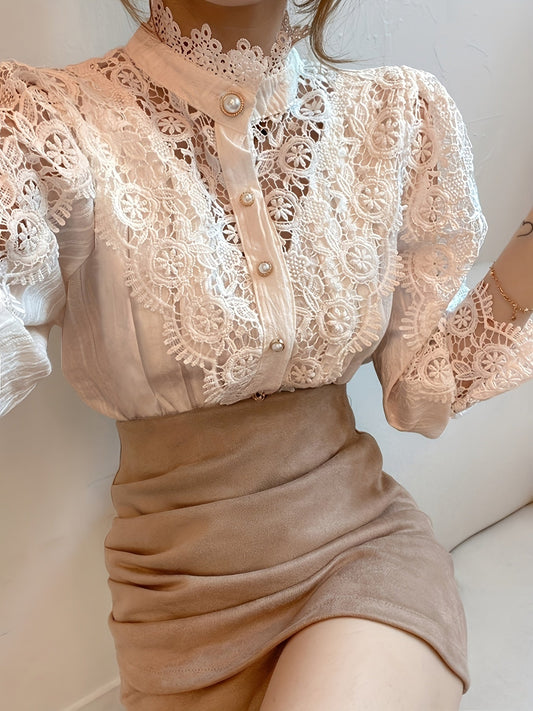 [Pearl Button Blouse] Pearl Button Elegant Victorian-Inspired Lace Blouse - Long Sleeve Mock Neck Green Polyester Pleated Design for Women, Perfect for Halloween Cosplay & Gothic Fashion SS69