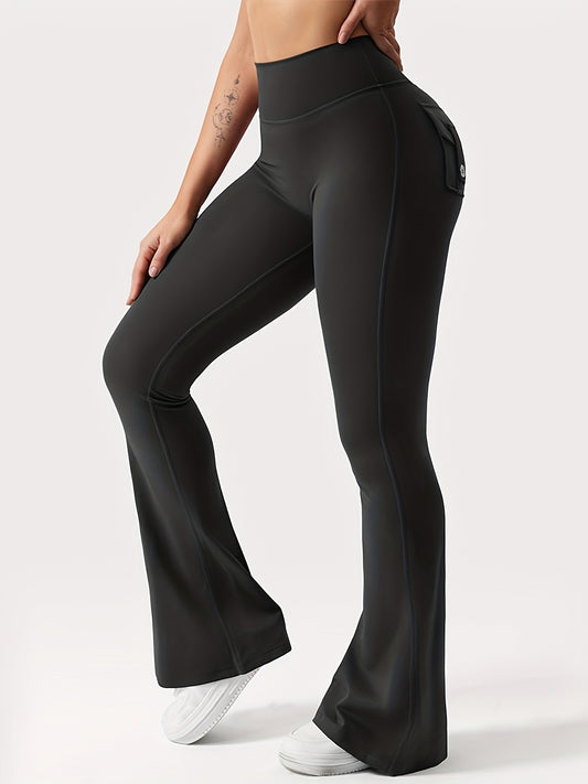 Full Of Elasticity Slim Fit Women's Pocket Yoga Pants - High Waist, Wide Legs, Solid Color, With Phone Pocket - SS69