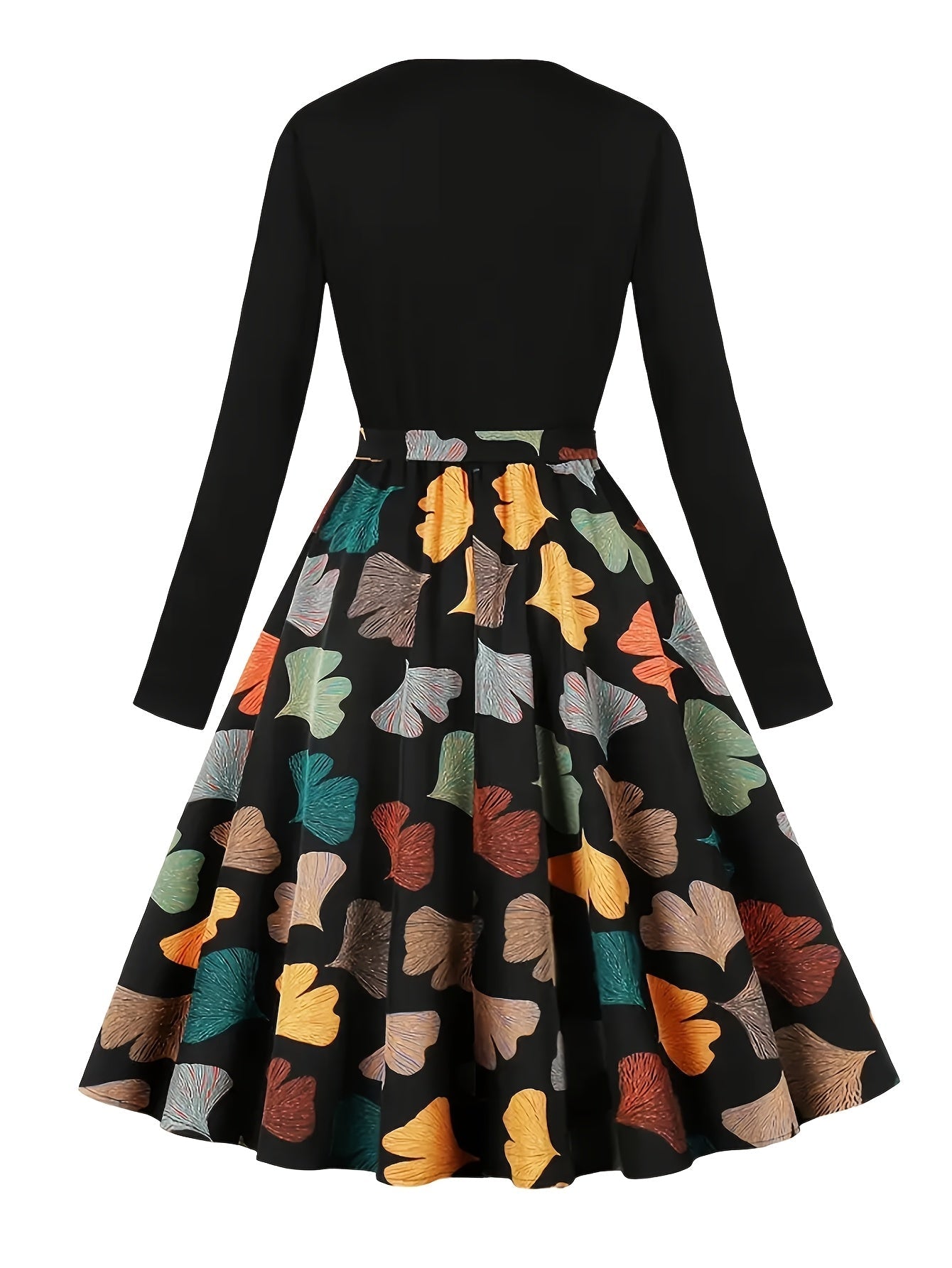 [Pink Floral Dress] Polyester Women's Pink Floral A-Line Dress - Long Sleeves, Round Neck, Machine Washable, Belt Detail, Perfect for Spring/Summer SS69