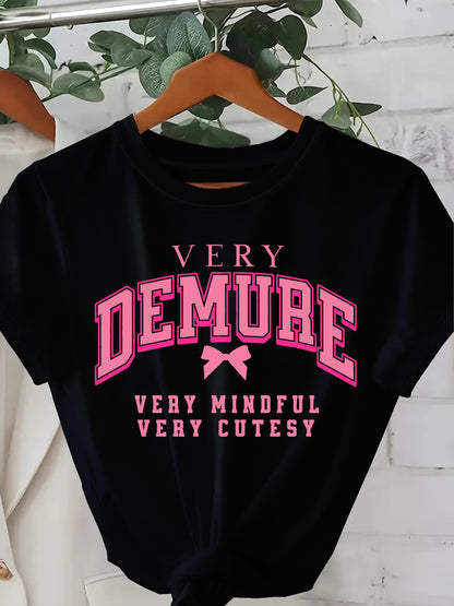 [Soft Graphic Tee] Soft Knit Women's Casual "Very Demure" Graphic Tee - Short Sleeve, Round Neck, Spring/Summer Fashion Top, White with Pink Print, Nontransparent Material, Bow Detail Shirt, Fitness Attire SS69