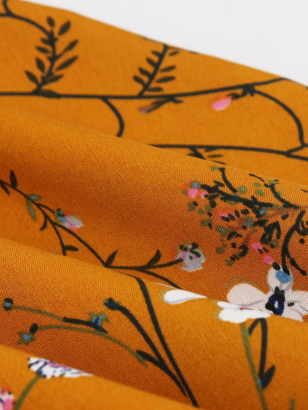 [Vintage Print Midi Dress] Orange Vintage-Inspired Print Midi Dress - Puff Sleeves, Round Neck, Elastic Waist & Belt Detail, Machine Washable Polyester SS69