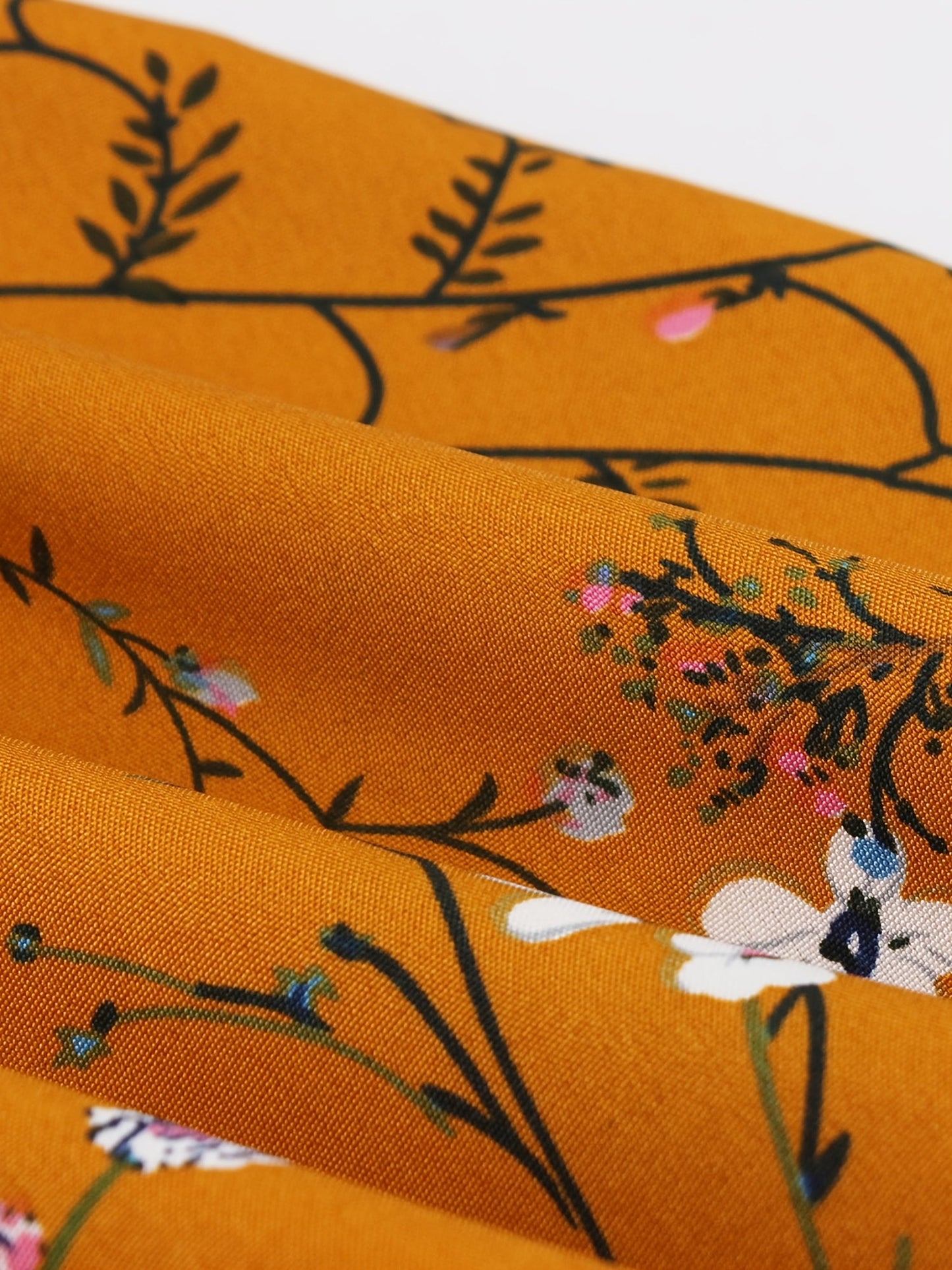 [Vintage Print Midi Dress] Orange Vintage-Inspired Print Midi Dress - Puff Sleeves, Round Neck, Elastic Waist & Belt Detail, Machine Washable Polyester SS69