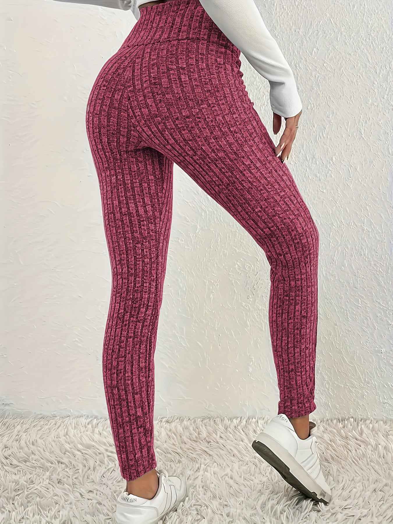 1pc Plus Size High Waist Solid Color Knit Leggings, Casual Stretchy Slimming Tights for Women, Polyester Knitted Fabric, Autumn/Winter Season