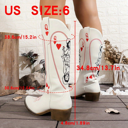 Vintage Style Comfortable Chic Women's Embroidered Western Cowboy Boots - Square Toe, Chunky Heel, Slip-On, Faux Cover for All Seasons SS69 45.69 US 9 / White