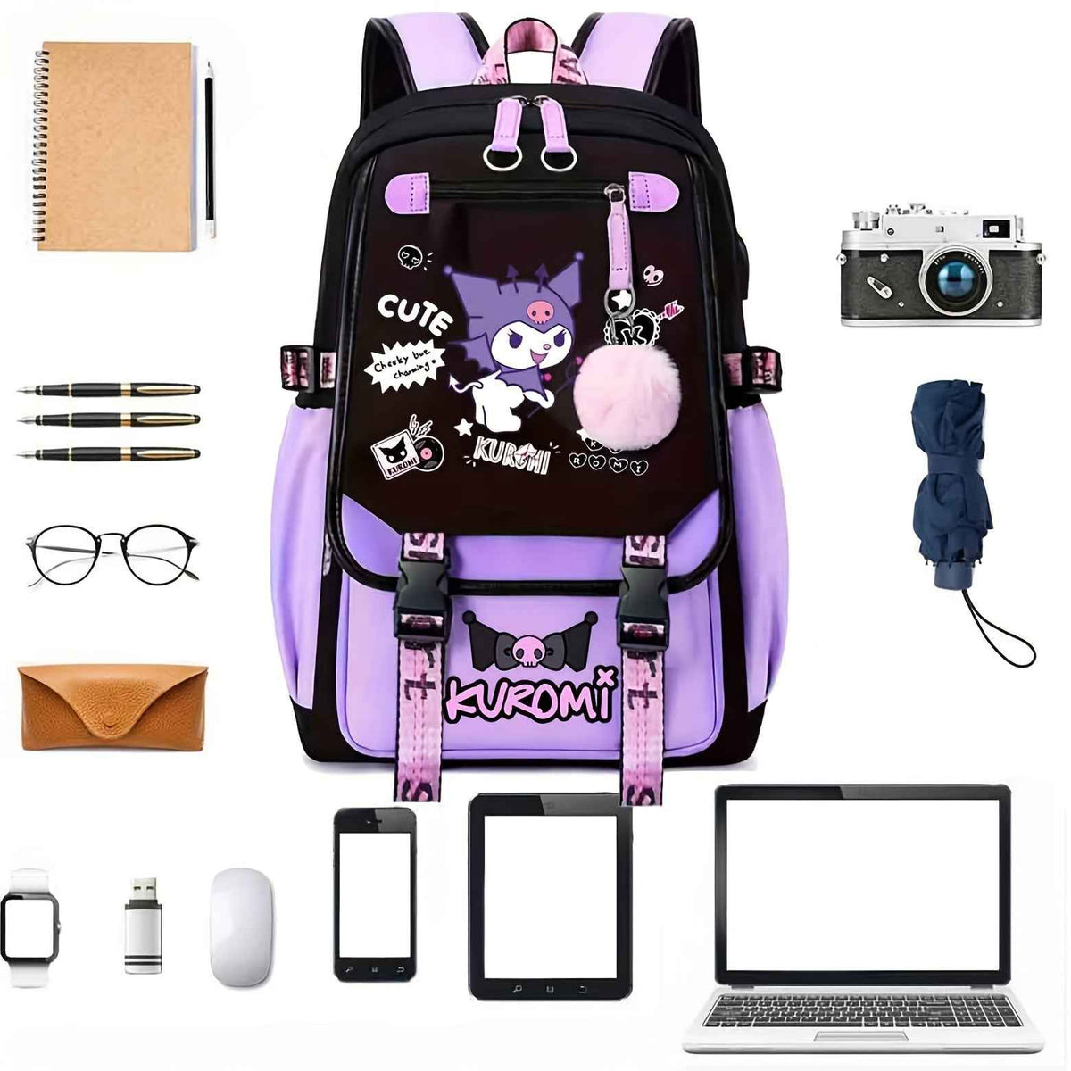 Sanrio Kuromi Canvas Backpack - Lightweight, Adjustable Straps, Zip Closure - Cute Anime Design with Plush Characters and Decorative Pins - Ideal for Students & Travel - Fits 17