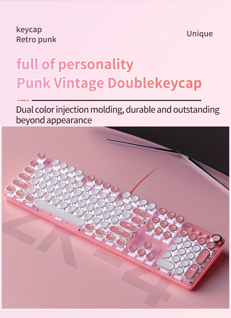 YINDIAO Pink Mechanical Keyboard with Cherry Switches - Retro Punk Design, Backlit Gaming Keyboard for Office & Home Use, Office Keyboard | Pink Keyboard | Nonslip Texture SS69