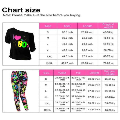 80s Women Costume Set, T-Shirt, Geometric Legging Pants Earring Necklace Gloves Bracelet