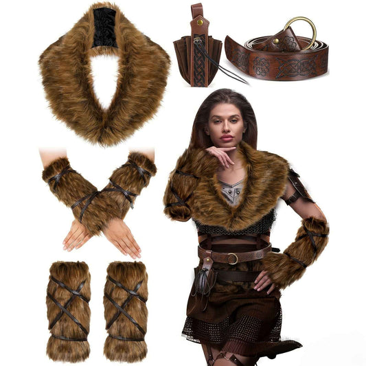 Ancient Warrior, Viking-Inspired Costume Set - 11pcs With Faux Fur Collar, Belt, Medieval Pouch, Leg & Hand Warmers For Halloween Party, Halloween Costumes