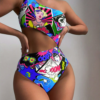 Women'S Vibrant One-Shoulder Swimsuit with Colorful Cartoon Characters - High Stretch, Asymmetrical Design, Perfect for Beach and Pool, Pool Swimsuit|Playful Design|One Shoulder Swimsui SS69 17.69 Blue / XXL
