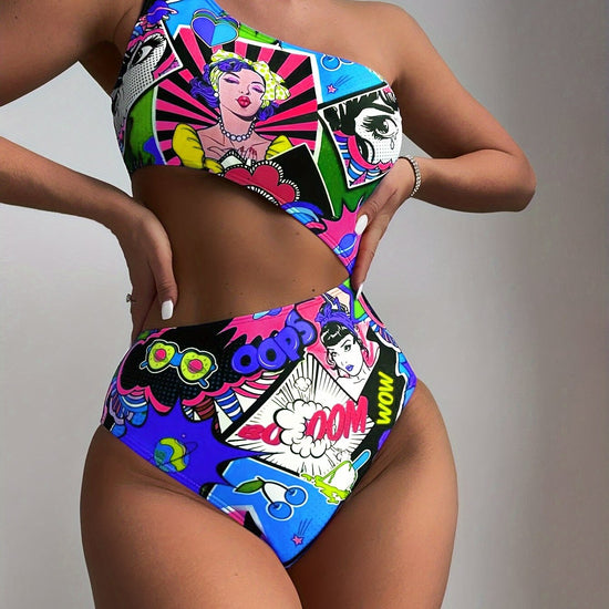 Women'S Vibrant One-Shoulder Swimsuit with Colorful Cartoon Characters - High Stretch, Asymmetrical Design, Perfect for Beach and Pool, Pool Swimsuit|Playful Design|One Shoulder Swimsui SS69 17.69 Blue / XXL