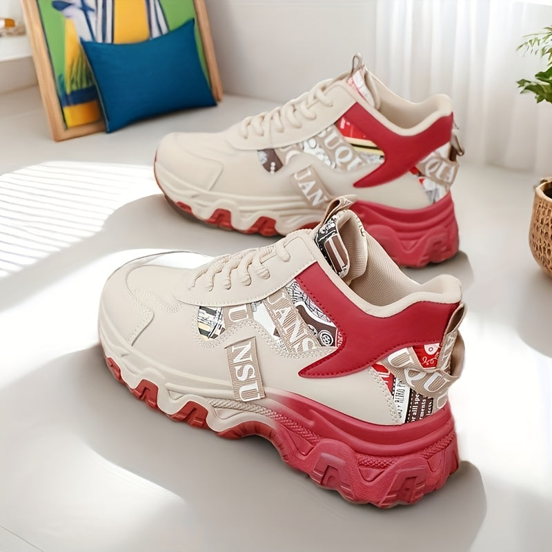 Women'S 2025 Spring/Summer High-Top Sneakers - Casual, Breathable, Thick Sole Running Shoes with Lace-Up Closure, Synthetic Upper, PVC Sole, and Stylish Red & Beige Design for Outdoor Activities, Casual Footwear | Trendy Casu SS69 34.69 Red / US 10