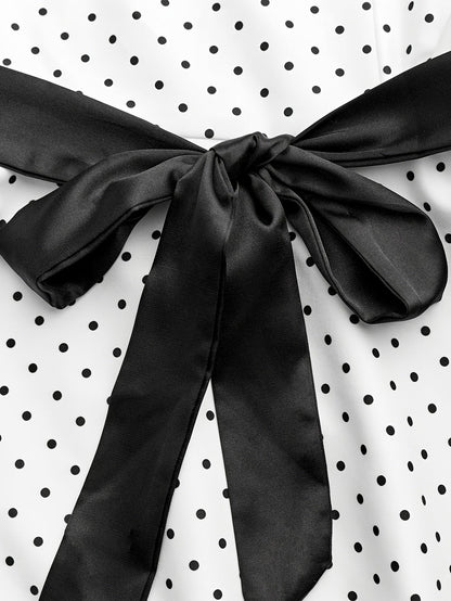 Elegant Retro Polka Dot Dress for Women with Ribbon Waist - Halter Neck, A-Line Skirt, Machine Washable, Polyester - Black & White, Perfect for Spring/Summer/Fall Events SS69