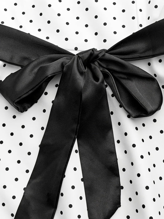 Elegant Retro Polka Dot Dress for Women with Ribbon Waist - Halter Neck, A-Line Skirt, Machine Washable, Polyester - Black & White, Perfect for Spring/Summer/Fall Events SS69