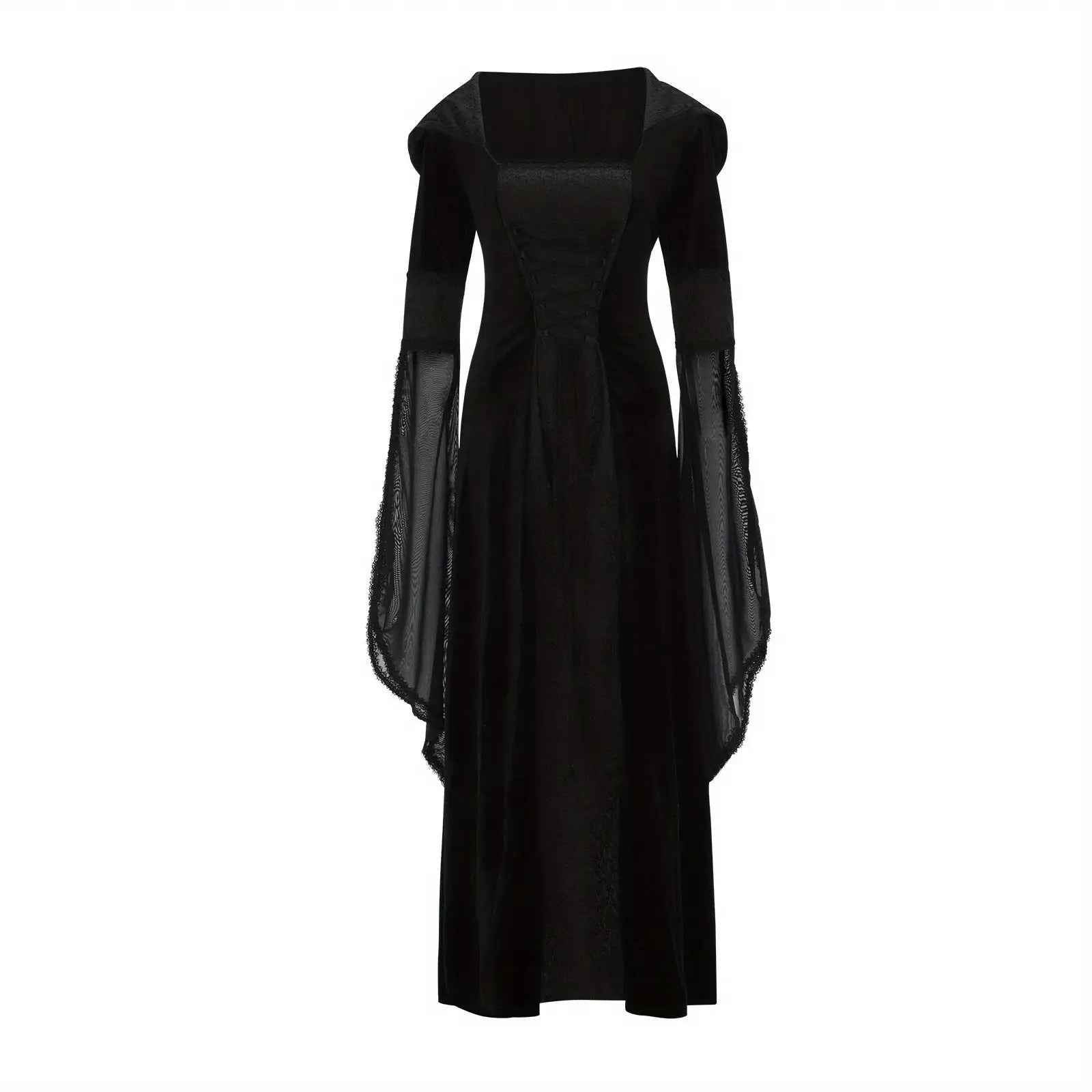 Women's Medieval Renaissance Wedding Dress & Costume - Off-Shoulder/Boat Neck Hooded Waist A-Line Dress with Slim-Fit Bodice & Flowing Train, Machine Washable Renaissance Faire Outfit for Renaissance-Themed Events, Weddings,
