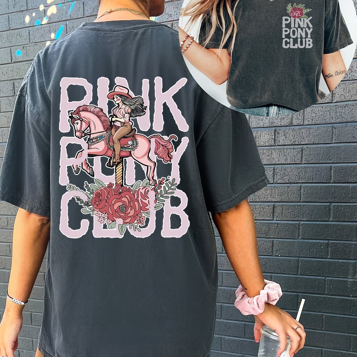 Fashionable Casual Short-Sleeve Summer T-Shirt for Women with a Round Neck, Featuring a Printed Design of a Western Cowgirl on The Front And Back. SS69 20.69 Deep Grey / XXL