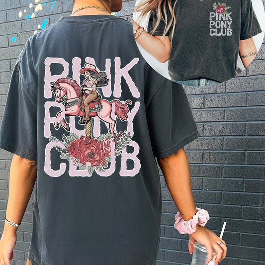 Fashionable Casual Short-Sleeve Summer T-Shirt for Women with a Round Neck, Featuring a Printed Design of a Western Cowgirl on The Front And Back. SS69 20.69 Deep Grey / XXL