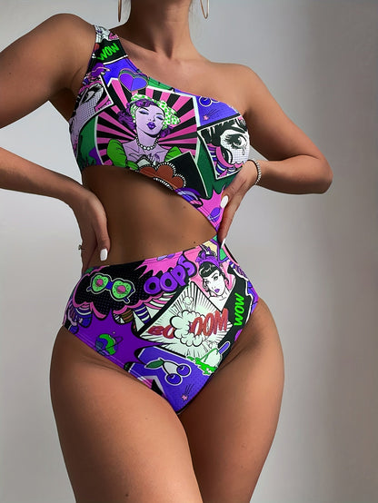 Women'S Vibrant One-Shoulder Swimsuit with Colorful Cartoon Characters - High Stretch, Asymmetrical Design, Perfect for Beach and Pool, Pool Swimsuit|Playful Design|One Shoulder Swimsui SS69