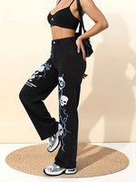 Women's High-Waisted Wide-Leg Jeans with Gothic Skull & Bone Embellishments - Black & White Stretch Pants, All-Season Casual Streetwear, /Edgy Outfits (Machine Washable) - Loose Fit Trousers with Pockets