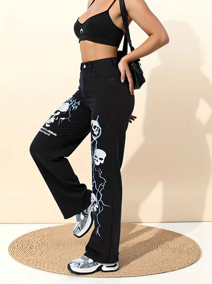Women's High-Waisted Wide-Leg Jeans with Gothic Skull & Bone Embellishments - Black & White Stretch Pants, All-Season Casual Streetwear, /Edgy Outfits (Machine Washable) - Loose Fit Trousers with Pockets