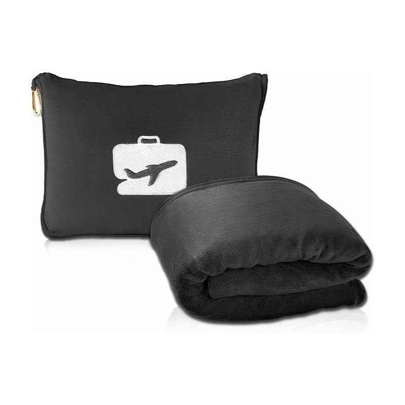 Travel Blanket and Pillow - Ultra-Soft, Compact & Lightweight, 65x40 Inches, with Carry Case, Luggage Sleeve & Backpack Clip for Airplane Comfort