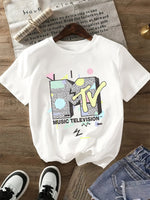 Women's Retro Graphic Letter Print T-Shirt - Casual Round Neck, Polyester, Machine Washable, Colorful MTV Music Television Design SS69
