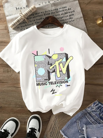 Women's Retro Graphic Letter Print T-Shirt - Casual Round Neck, Polyester, Machine Washable, Colorful MTV Music Television Design SS69