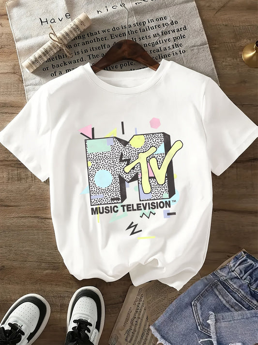 Women's Retro Graphic Letter Print T-Shirt - Casual Round Neck, Polyester, Machine Washable, Colorful MTV Music Television Design SS69