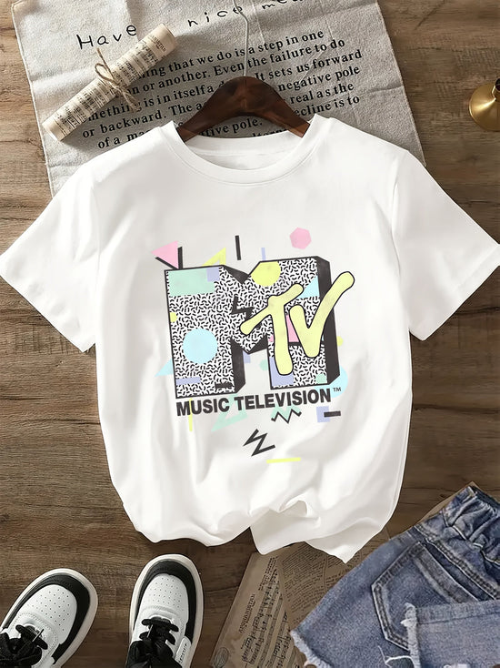 Women's Retro Graphic Letter Print T-Shirt - Casual Round Neck, Polyester, Machine Washable, Colorful MTV Music Television Design SS69