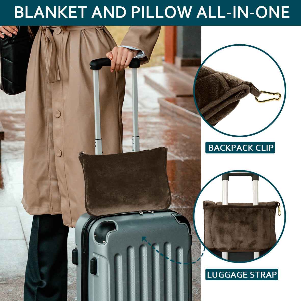 Travel Blanket and Pillow - Ultra-Soft, Compact & Lightweight, 65x40 Inches, with Carry Case, Luggage Sleeve & Backpack Clip for Airplane Comfort
