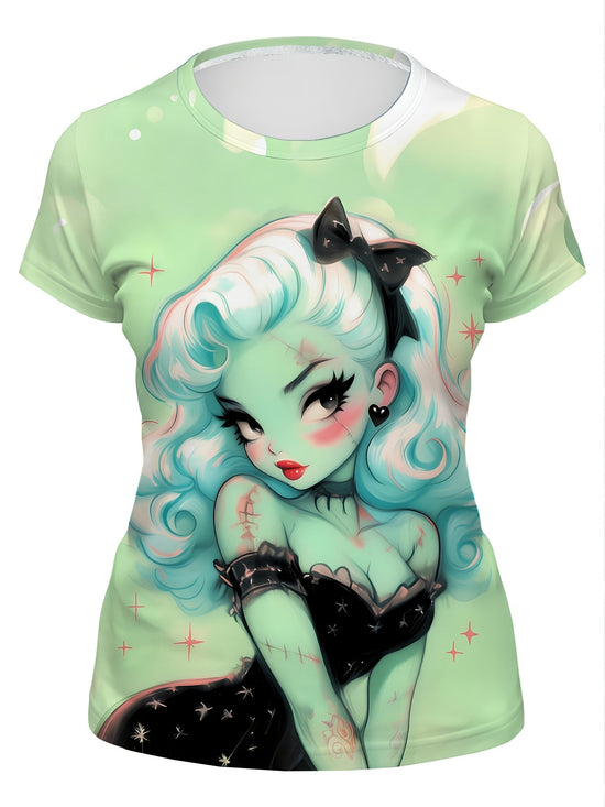 Women'S Mint Green Retro Gothic Graphic T-Shirt - Edgy Monster Print Tee, Lightweight Polyester Top for Cosplay, Parties & Everyday Streetwear - Non- Costume Shirt, Ladies T Shirts, Casual Wear, Vintage Style, Comfortable Fit SS69