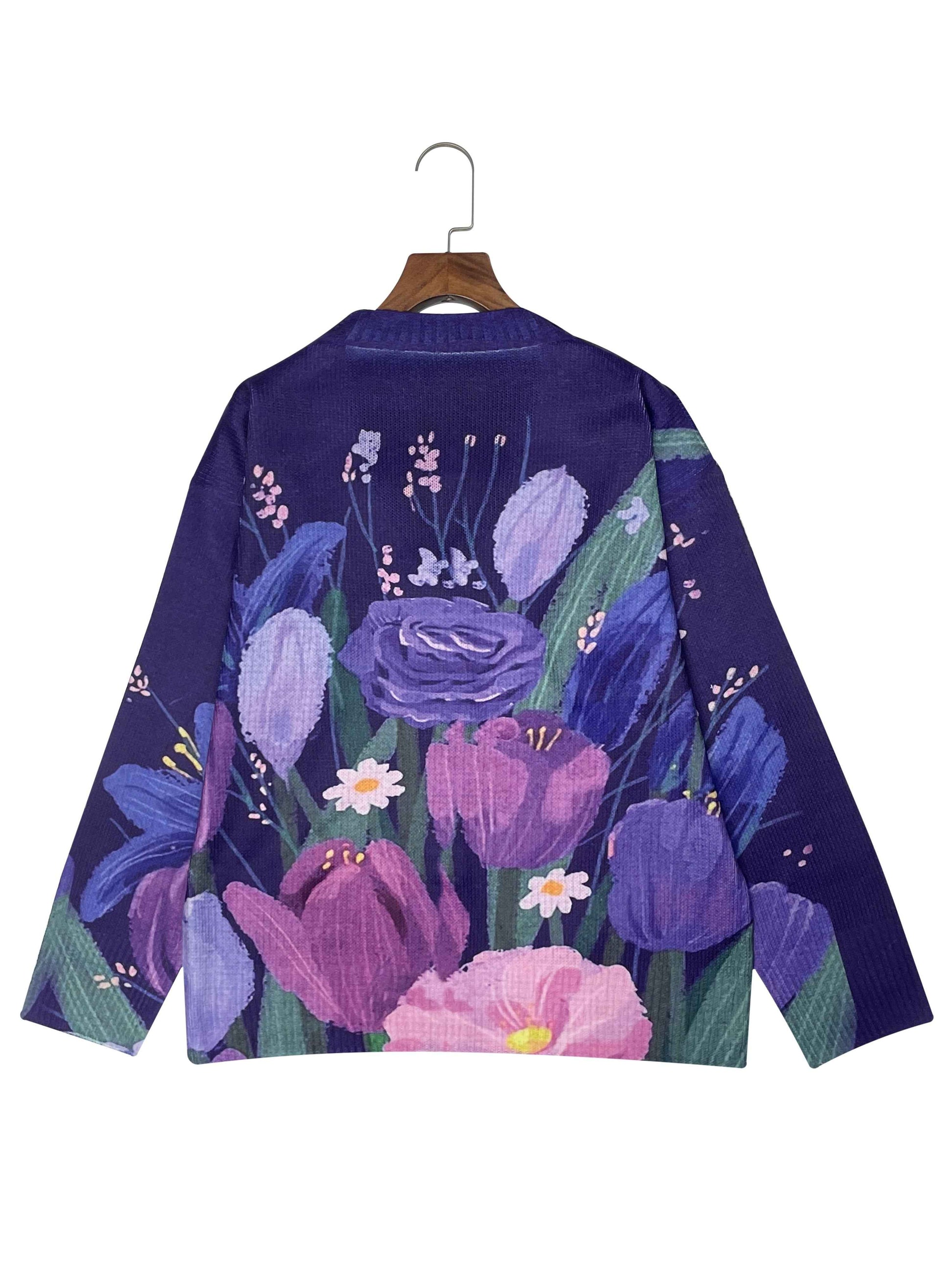 Plus Size - Plus Size - Plus Size - Plus Size - Plus Size, Women'S Elegant V-Neck Cardigan with Vibrant Floral Print - Button-Up Sweater for Fall/Winter, Long Sleeve, All-Over Pattern, Cozy Fall Wear | Vibrant Floral Print |