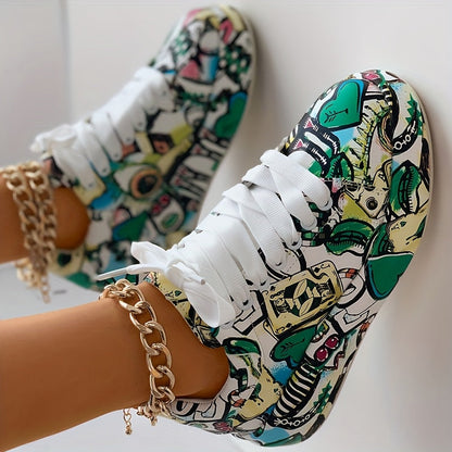 Casual Chic) Women's Vibrant Graffiti Print Lace-Up Sneakers - Low Top, Round Toe, All-Season Casual Shoes with Rubber Sole and Faux Cover Interior, Ladies Shoes SS69 39.69 Green / US 8.5