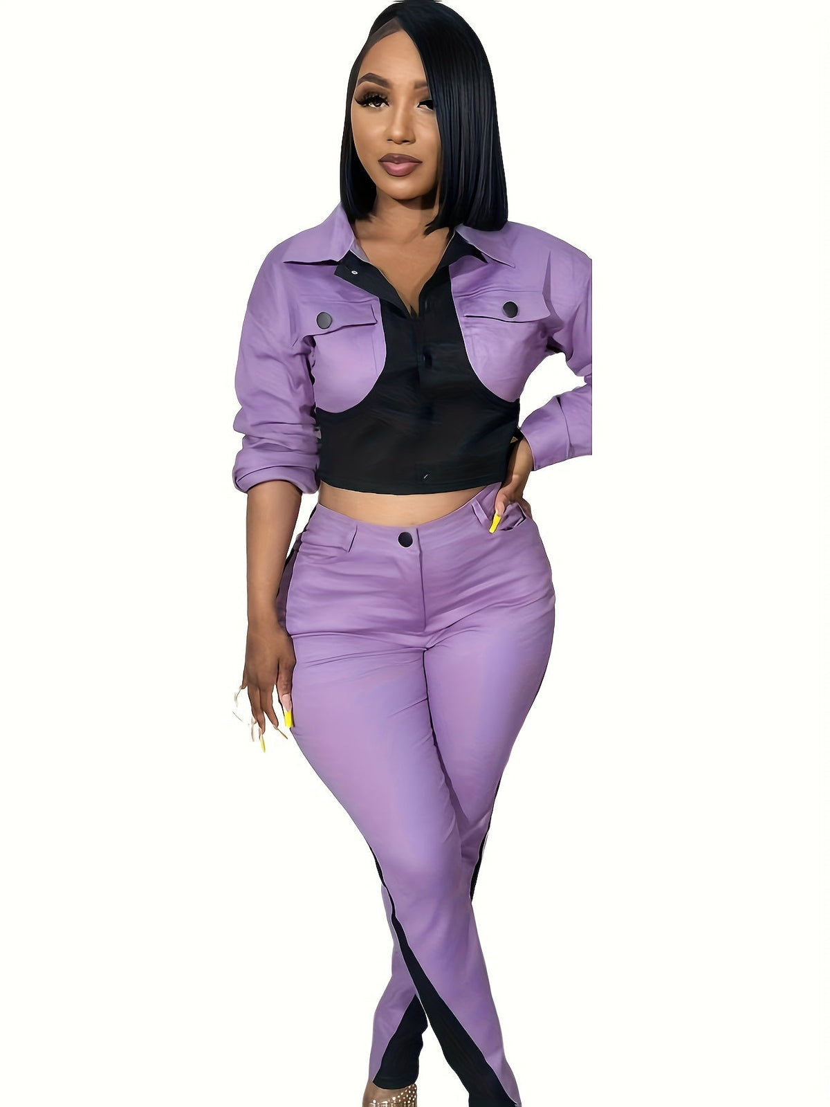 2pcs Women'S Casual Two-piece Set, Sports Patchwork Color Blocking, Long Sleeve Lapel Button Up Top Pencil Pants, Suitable For Daily Club Set SS69