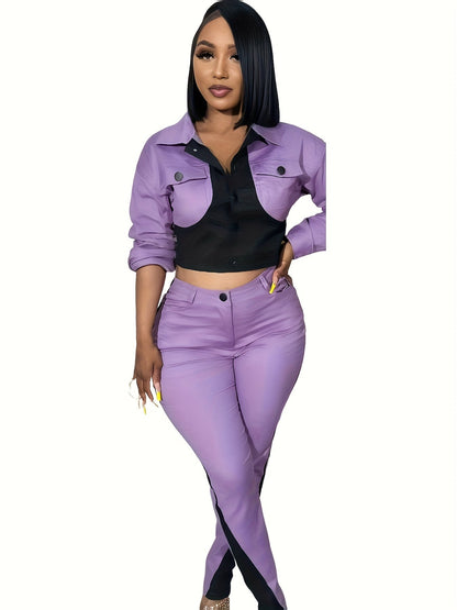 2pcs Women'S Casual Two-piece Set, Sports Patchwork Color Blocking, Long Sleeve Lapel Button Up Top Pencil Pants, Suitable For Daily Club Set SS69