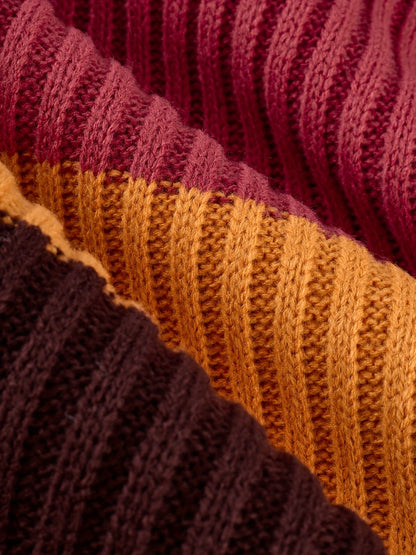 [Stylish Dress] Stylish Women's Color-Block Dress | High Neck Turtleneck Long Sleeve with Ribbed Texture, Striped Pattern in Brown Pink White Black, Flared Skirt & Pockets for Fall Winter Outfits, Sophisticated Craftsmanship, SS69