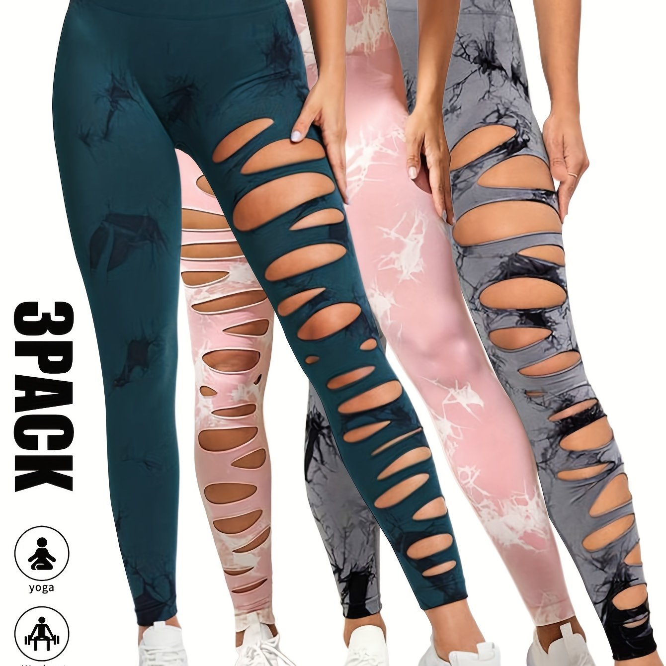 3 Pack High Waist Tie Dye Cutout Yoga Leggings - Scrunch Butt Lifting, Tummy Control, Elastic Workout Pants for Women SS69 42.69 3 Pack-GRY-DGN-PNK / M