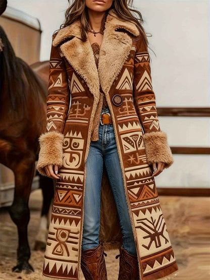 Women's Western Retro Style Winter Warm Coat - Western Print Jacket with Collar, Machine Washable Outerwear for Fall & Winter, Non-Stretch Blazer for Casual or Dressy Outfits