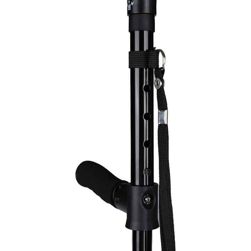 Heavy-Duty Folding Cane with LED Light & Alarm - Adjustable Height (5-Tier/83.82cm-96.52cm) Cane Suitable for, Stick with Pivoting Quad Base, Slip-Resistant Tip, T-Handle & Wrist Strap (Collapsible Crutch)
