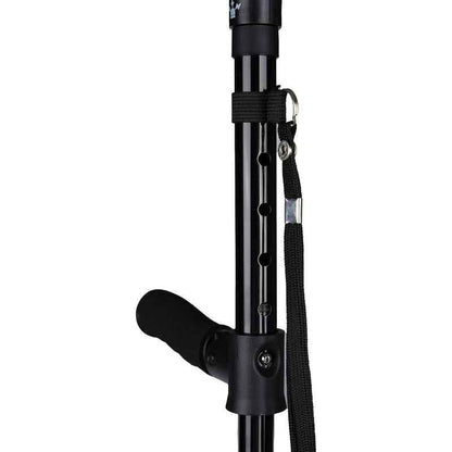 Heavy-Duty Folding Cane with LED Light & Alarm - Adjustable Height (5-Tier/83.82cm-96.52cm) Cane Suitable for, Stick with Pivoting Quad Base, Slip-Resistant Tip, T-Handle & Wrist Strap (Collapsible Crutch)