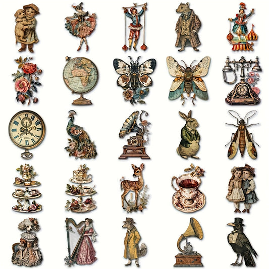 50-Pack Victorian Era Themed Waterproof Stickers - Transparent PET Material, Vintage Illustrations of Animals, Clockwork Machines & Floral Designs - Perfect for DIY Decoration on Skateboards, Phone Cases & Guitars, Vintage Cr SS69