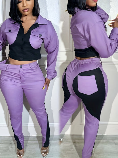 2pcs Women'S Casual Two-piece Set, Sports Patchwork Color Blocking, Long Sleeve Lapel Button Up Top Pencil Pants, Suitable For Daily Club Set SS69