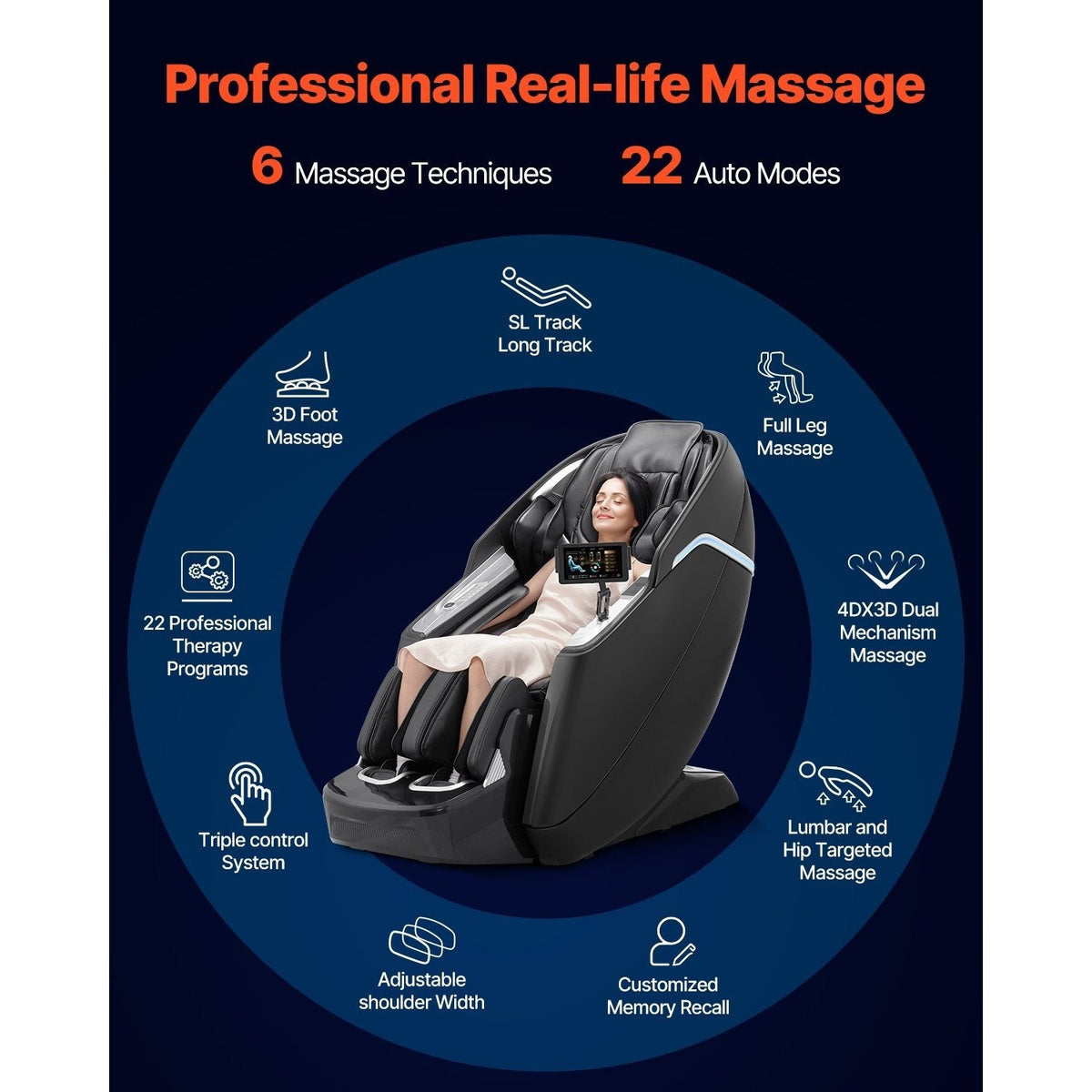 VEVOR Dual-Core 4D+3D Full Body Massage Chair, with Extended SL Track, Deep Yoga Stretch, Electric Extendable Footrest, TFT, AI Voice Control, Heat, Airbags, Armrest Controls, Wheels SS69