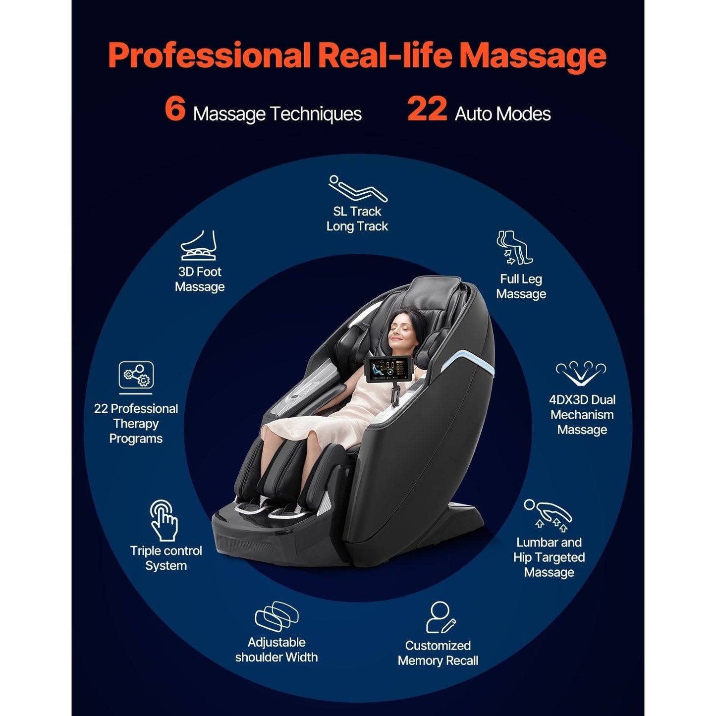 VEVOR Dual-Core 4D+3D Full Body Massage Chair, with Extended SL Track, Deep Yoga Stretch, Electric Extendable Footrest, TFT, AI Voice Control, Heat, Airbags, Armrest Controls, Wheels SS69