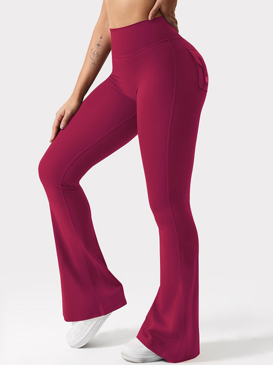 Full Of Elasticity Slim Fit Women's Pocket Yoga Pants - High Waist, Wide Legs, Solid Color, With Phone Pocket - SS69