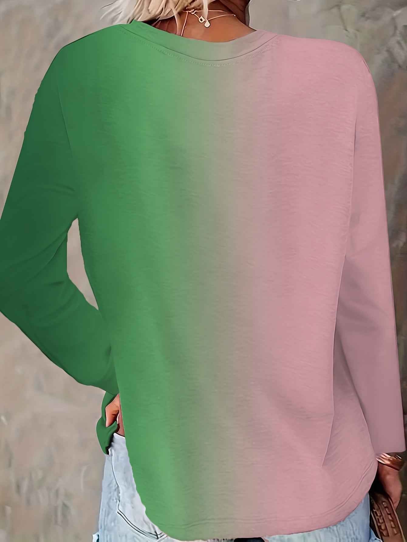 Plus-Size Women'S Wicked the Musical Inspired Graphic T-Shirt - Elphaba & Glinda Print, Gradient Green to Pink Long Sleeve Crew Neck, Comfortable Casual Fall Winter Tops, Machine Washable Themed Party Outfit Casual Attire, Se