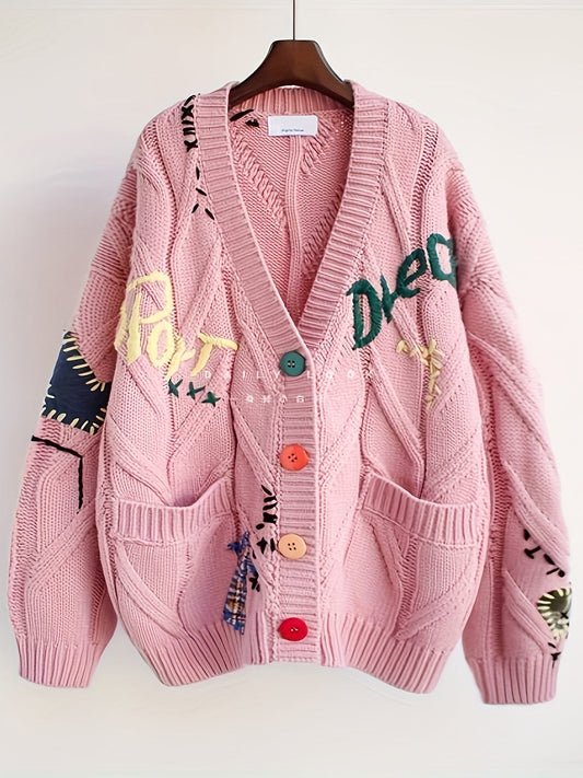 Fashionable Lazy Wind Embroidered Sweater Women's Autumn Winter 2024 New Letter Design Sense Loose Knit Sweater Jacket SS69