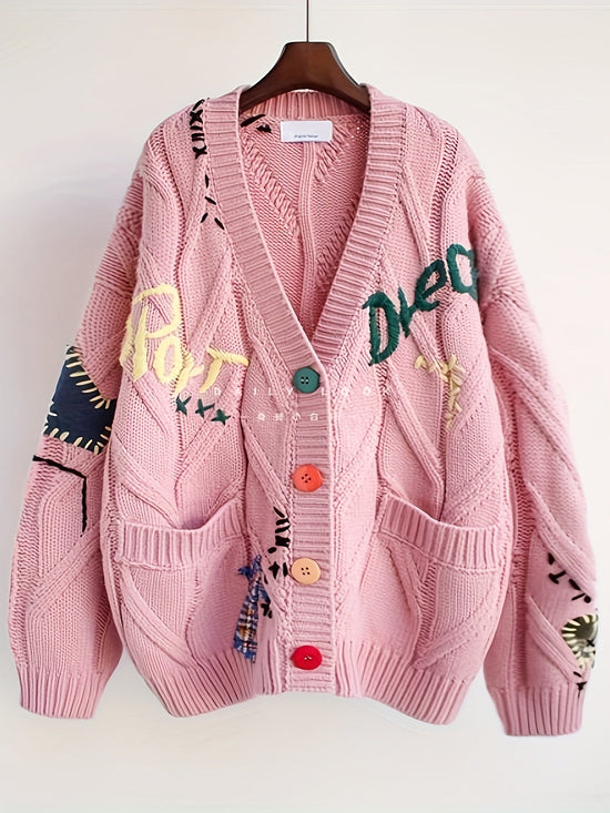 Fashionable Lazy Wind Embroidered Sweater Women's Autumn Winter 2024 New Letter Design Sense Loose Knit Sweater Jacket SS69