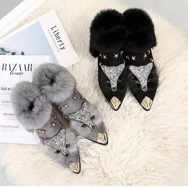 Fashio Pointed Toe faux fur Shoes for Women, Large Size, Fleece-Lined, Thick Heel, Thick Sole, Autumn Winter Warm Shoes