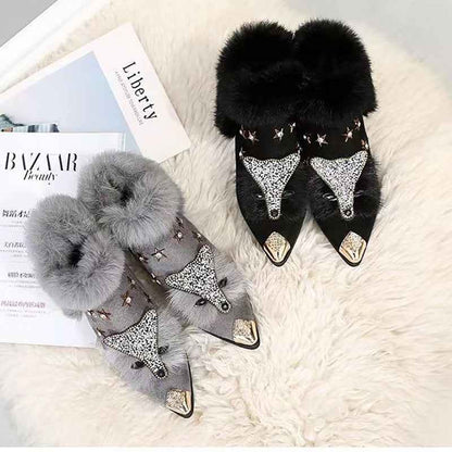 Fashio Pointed Toe faux fur Shoes for Women, Large Size, Fleece-Lined, Thick Heel, Thick Sole, Autumn Winter Warm Shoes